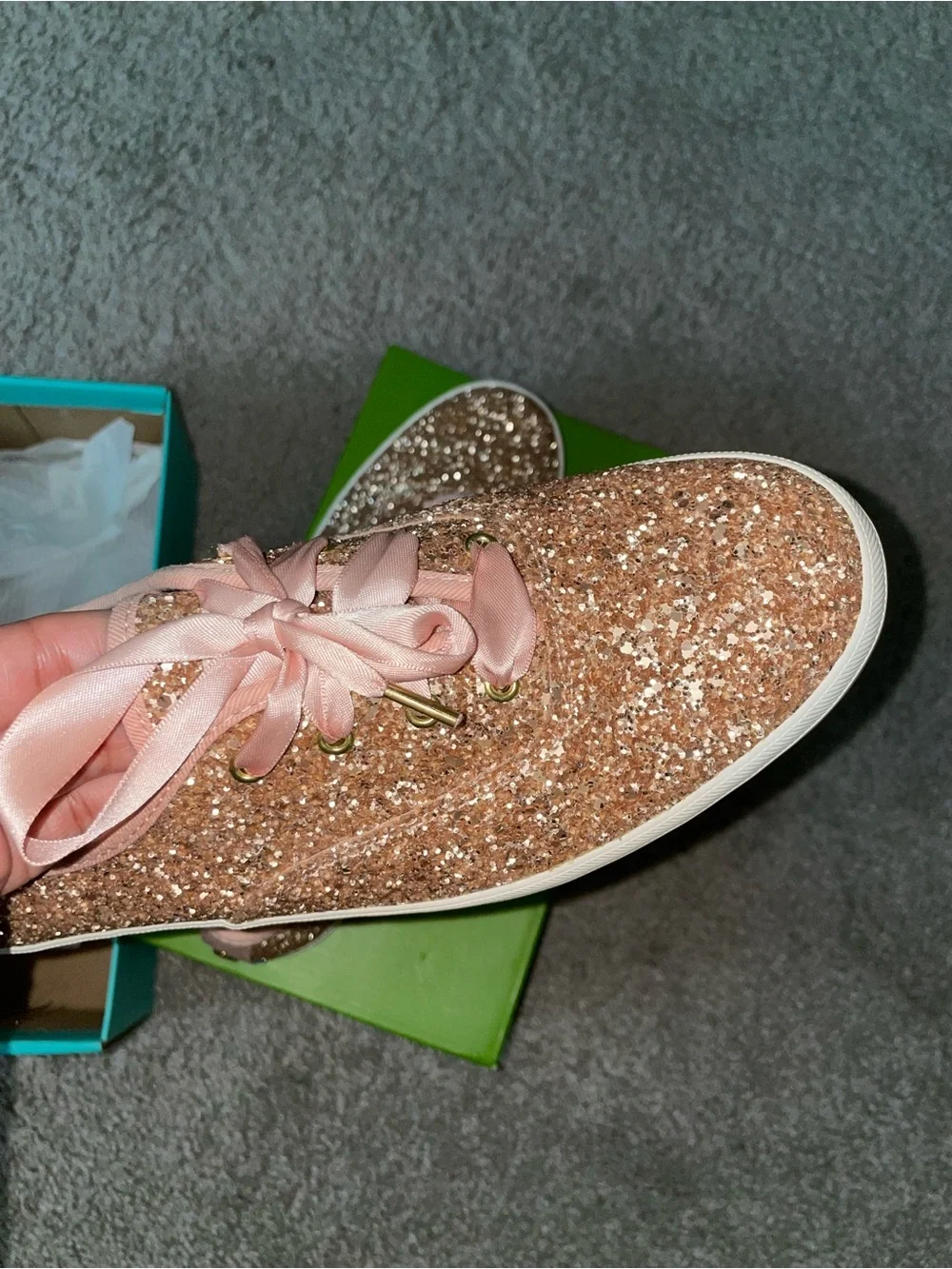 Kate Spade x Keds rose gold glitter sneakers with blush ribbon laces